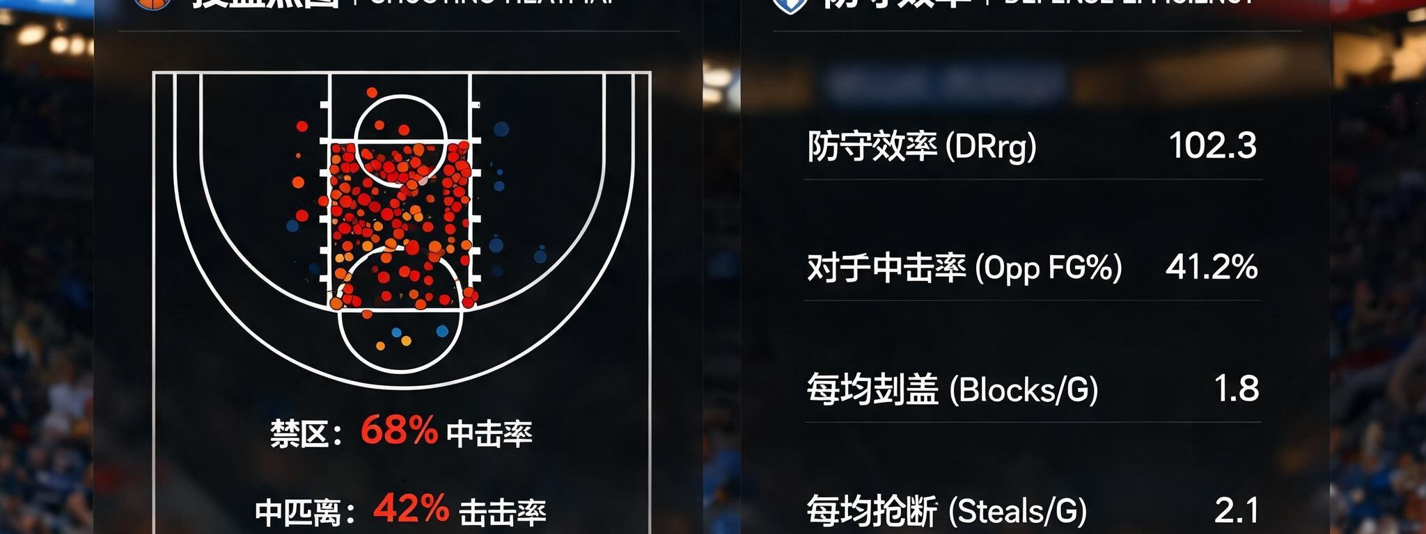 季后赛数据面板显示球员投篮热图和防守效率，背景为球馆